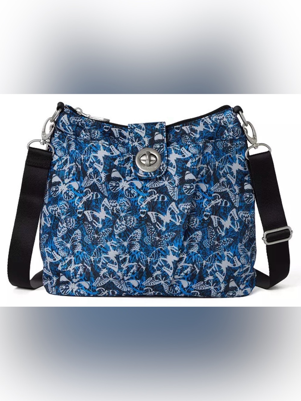 Baggallini Blue and Black Butterfly-Print Crossbody